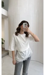 Asimetrik Kesim Dantel Detay T-shirt - Ekru - Kod: 0771