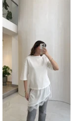 Asimetrik Kesim Dantel Detay T-shirt - Ekru - Kod: 0771