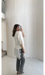 Asimetrik Kesim Dantel Detay T-shirt - Ekru - Kod: 0771