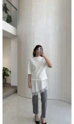 Asimetrik Kesim Dantel Detay T-shirt - Ekru - Kod: 0771