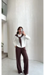 Uzun Kollu Fular Bağlamalı Takım - Kahverengi - Kod: 4126