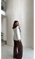 Uzun Kollu Fular Bağlamalı Takım - Kahverengi - Kod: 4126