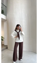 Uzun Kollu Fular Bağlamalı Takım - Kahverengi - Kod: 4126