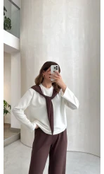 Uzun Kollu Fular Bağlamalı Takım - Kahverengi - Kod: 4126