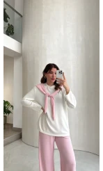 Uzun Kollu Fular Bağlamalı Takım - Pembe - Kod: 4126