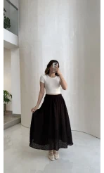 Şerit Püskül Detaylı Beli Lastikli Etek - Kahverengi - Kod: 5072