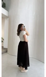 Şerit Püskül Detaylı Beli Lastikli Etek - Kahverengi - Kod: 5072