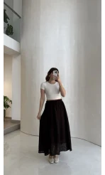 Şerit Püskül Detaylı Beli Lastikli Etek - Kahverengi - Kod: 5072