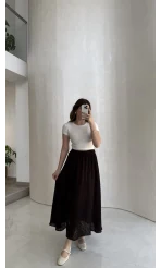 Şerit Püskül Detaylı Beli Lastikli Etek - Kahverengi - Kod: 5072