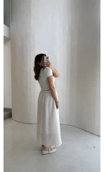 Şerit Püskül Detaylı Beli Lastikli Etek - Beyaz - Kod: 5072