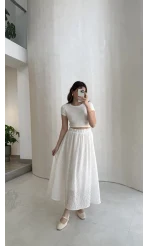 Şerit Püskül Detaylı Beli Lastikli Etek - Beyaz - Kod: 5072