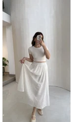 Şerit Püskül Detaylı Beli Lastikli Etek - Beyaz - Kod: 5072