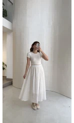 Şerit Püskül Detaylı Beli Lastikli Etek - Beyaz - Kod: 5072