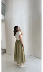 Şerit Püskül Detaylı Beli Lastikli Etek - Haki - Kod: 5072
