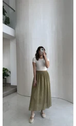 Şerit Püskül Detaylı Beli Lastikli Etek - Haki - Kod: 5072