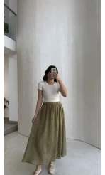 Şerit Püskül Detaylı Beli Lastikli Etek - Haki - Kod: 5072
