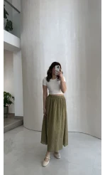 Şerit Püskül Detaylı Beli Lastikli Etek - Haki - Kod: 5072