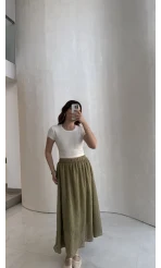 Şerit Püskül Detaylı Beli Lastikli Etek - Haki - Kod: 5072