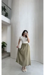 Luna Beli Lastikli Midi Boy Etek - Haki - Kod: 3380