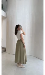 Luna Beli Lastikli Midi Boy Etek - Haki - Kod: 3380