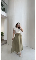 Luna Beli Lastikli Midi Boy Etek - Haki - Kod: 3380