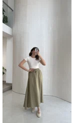 Luna Beli Lastikli Midi Boy Etek - Haki - Kod: 3380