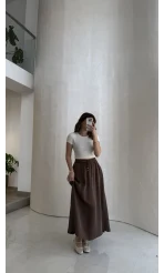 Luna Beli Lastikli Midi Boy Etek - Kahve - Kod: 3380