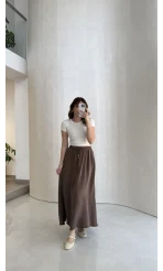 Luna Beli Lastikli Midi Boy Etek - Kahve - Kod: 3380