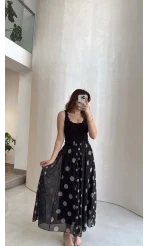 Parçalı Puantiye Desenli Şifon Etek - Siyah - Kod: 0867