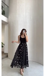 Parçalı Puantiye Desenli Şifon Etek - Siyah - Kod: 0867