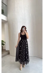 Parçalı Puantiye Desenli Şifon Etek - Siyah - Kod: 0867