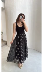 Parçalı Puantiye Desenli Şifon Etek - Siyah - Kod: 0867