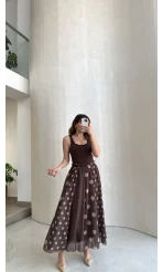 Parçalı Puantiye Desenli Şifon Etek - Kahve - Kod: 0867