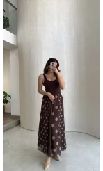 Parçalı Puantiye Desenli Şifon Etek - Kahve - Kod: 0867