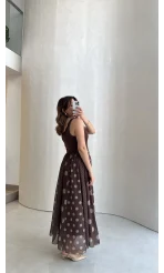 Parçalı Puantiye Desenli Şifon Etek - Kahve - Kod: 0867