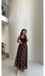 Parçalı Puantiye Desenli Şifon Etek - Kahve - Kod: 0867