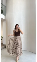 Parçalı Puantiye Desenli Şifon Etek - Bej - Kod: 0867