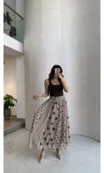 Parçalı Puantiye Desenli Şifon Etek - Bej - Kod: 0867