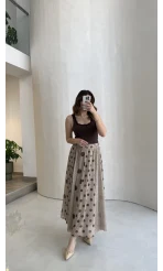 Parçalı Puantiye Desenli Şifon Etek - Bej - Kod: 0867