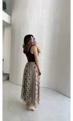 Parçalı Puantiye Desenli Şifon Etek - Bej - Kod: 0867