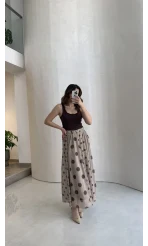 Parçalı Puantiye Desenli Şifon Etek - Bej - Kod: 0867