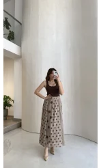 Parçalı Puantiye Desenli Şifon Etek - Bej - Kod: 0867