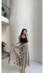 Parçalı Puantiye Desenli Şifon Etek - Bej - Kod: 0867