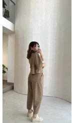 Bole Denim Kısa Ceket Pantolon Takım - Bej