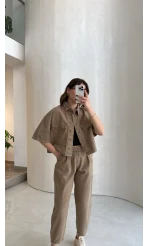 Bole Denim Kısa Ceket Pantolon Takım - Bej