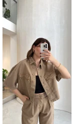 Bole Denim Kısa Ceket Pantolon Takım - Bej