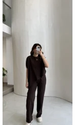 Asimetrik Kesim Pamuk Kumaş Takım - Kahverengi - Kod: 6928