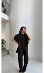 Asimetrik Kesim Pamuk Kumaş Takım - Kahverengi - Kod: 6928