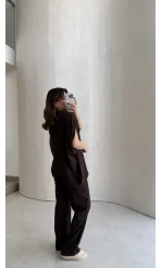 Asimetrik Kesim Pamuk Kumaş Takım - Kahverengi - Kod: 6928