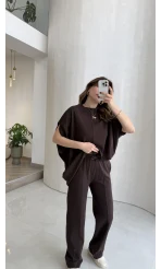 Asimetrik Kesim Pamuk Kumaş Takım - Kahverengi - Kod: 6928